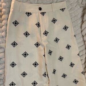 Embroidered linen blend cropped wide leg trousers